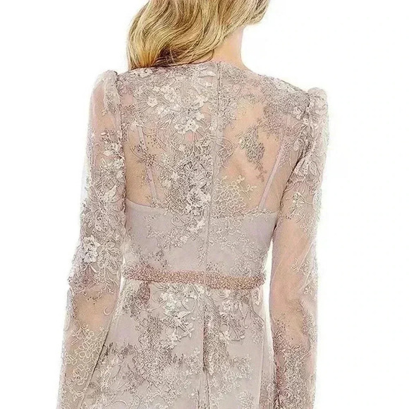 Mac Duggal Midi Dress 10 Beaded Crew Neck Illusion Long Sleeve Pink Rose $598 - Picture 4 of 16